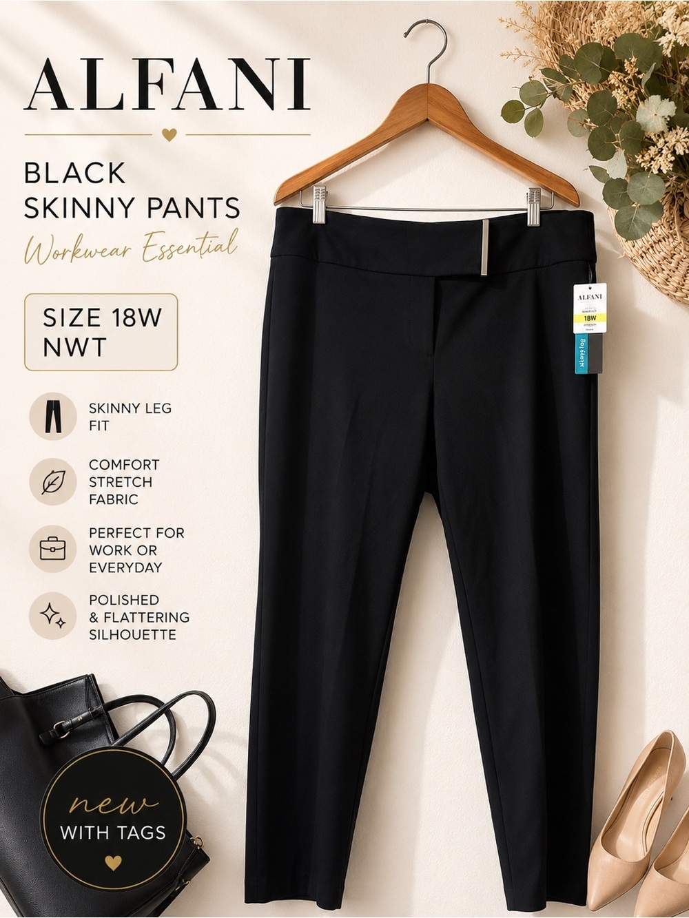 ALFANI Deep Black Skinny Leg Pants Size 18W NWT